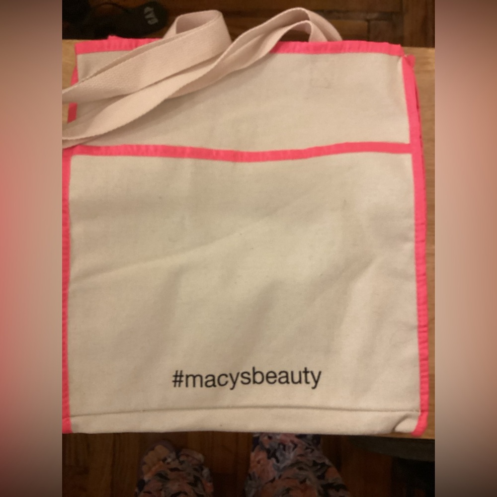 Macys Beauty Canvas Cream and Pink Deep Tote Bag 3 pockets
